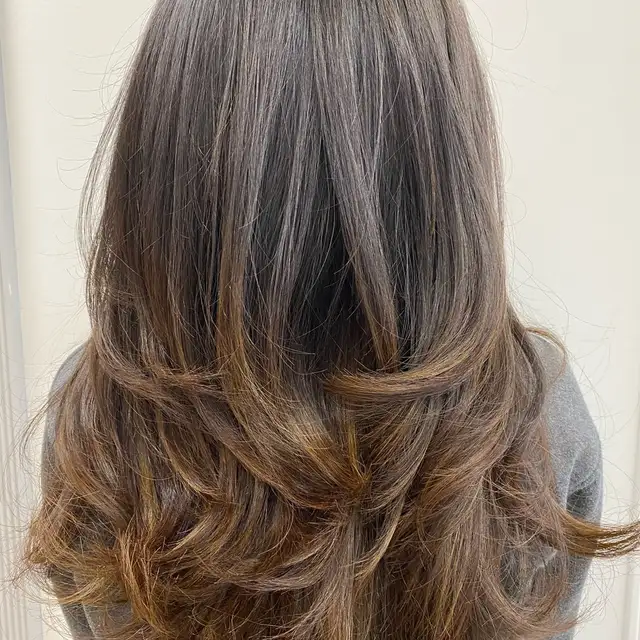 Brunette layered cut with a bouncy blow-dry